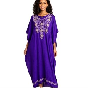 Meetu Magic The African Scene Purple Gold Embroidered Caftan Kaftan Womens OS